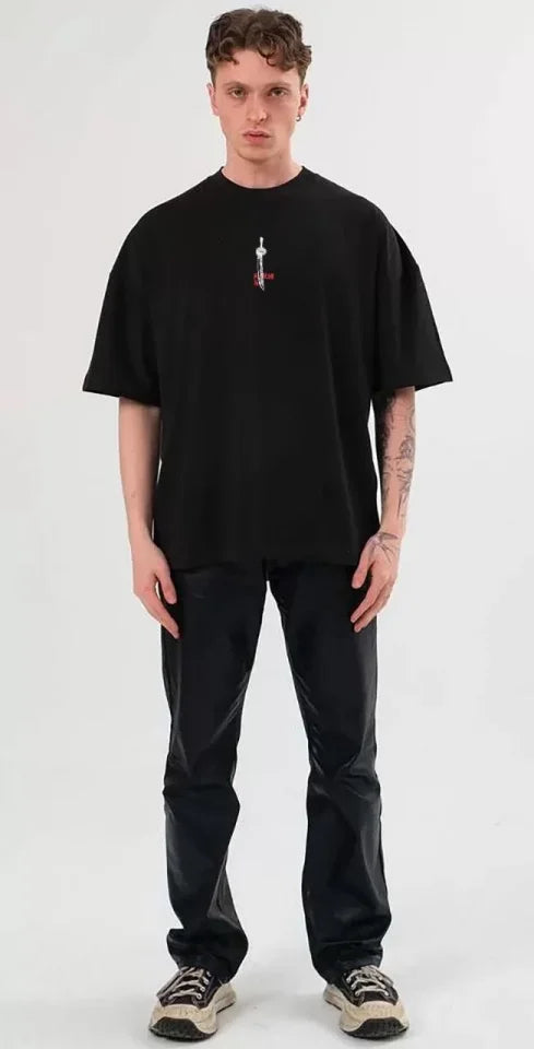 Unisex Bisiklet Yaka Baskılı Oversize T-Shirt - Siyah