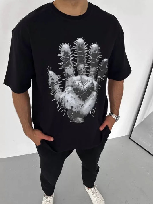 Unisex Bisiklet Yaka Baskılı Oversize T-Shirt - Siyah