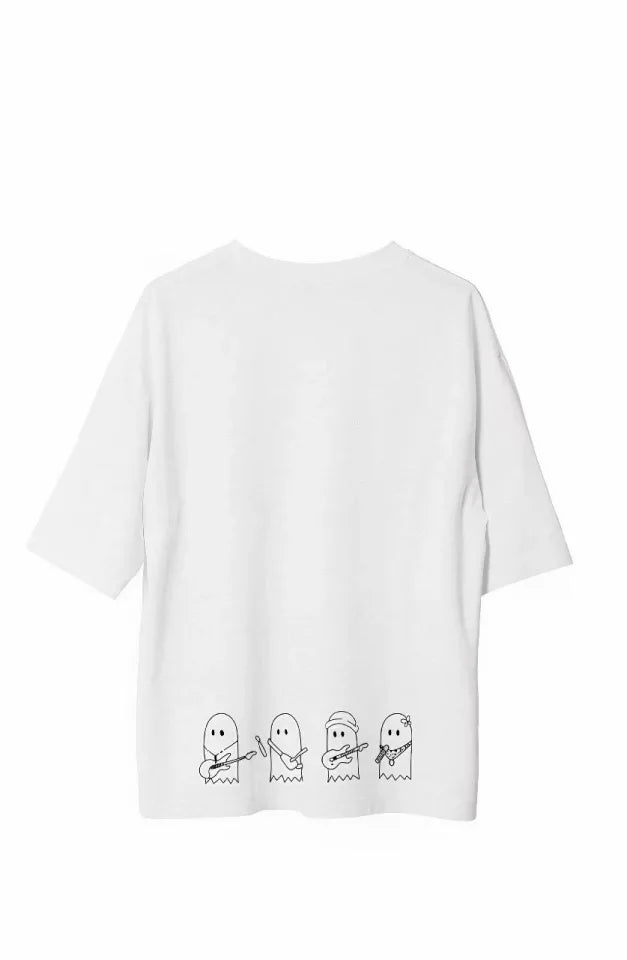 Unisex Bisiklet Yaka Baskılı Oversize T-Shirt - Beyaz