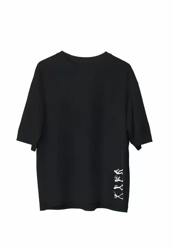 Unisex Bisiklet Yaka Baskılı Oversize T-Shirt - Siyah