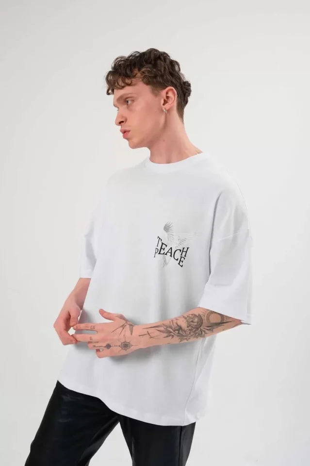 Unisex Bisiklet Yaka Baskılı Oversize T-Shirt - Beyaz