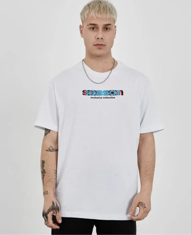 Unisex Bisiklet Yaka Baskılı Oversize T-Shirt - Beyaz