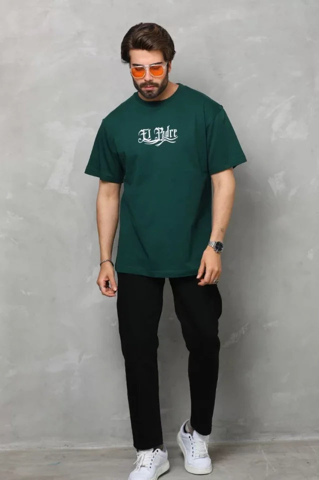 Unisex Bisiklet Yaka Baskılı Oversize T-Shirt - Yeşil