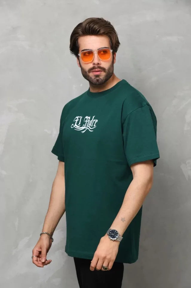 Unisex Bisiklet Yaka Baskılı Oversize T-Shirt - Yeşil