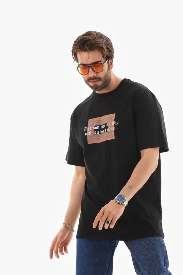 Unisex Bisiklet Yaka Baskılı Oversize T-Shirt - Siyah