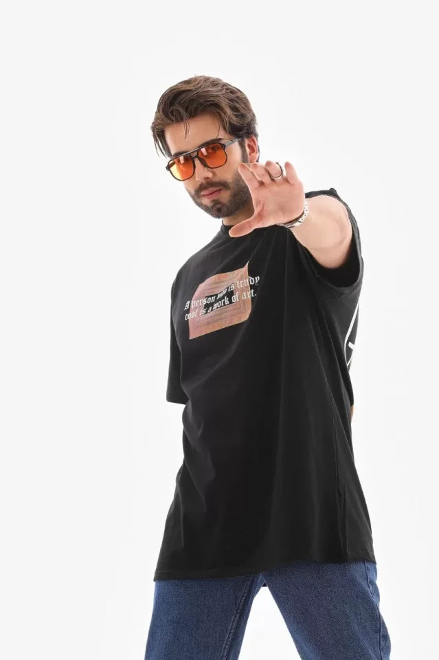 Unisex Bisiklet Yaka Baskılı Oversize T-Shirt - Siyah