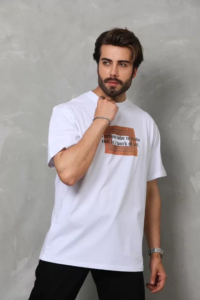 Unisex Bisiklet Yaka Baskılı Oversize T-Shirt - Beyaz