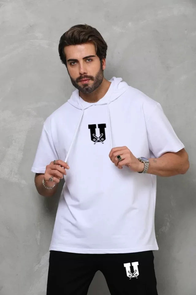 Unisex Kapşonlu Oversize T-Shirt Takım - Beyaz