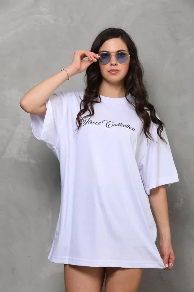 Unisex Bisiklet Yaka Baskılı Oversize T-Shirt - Beyaz