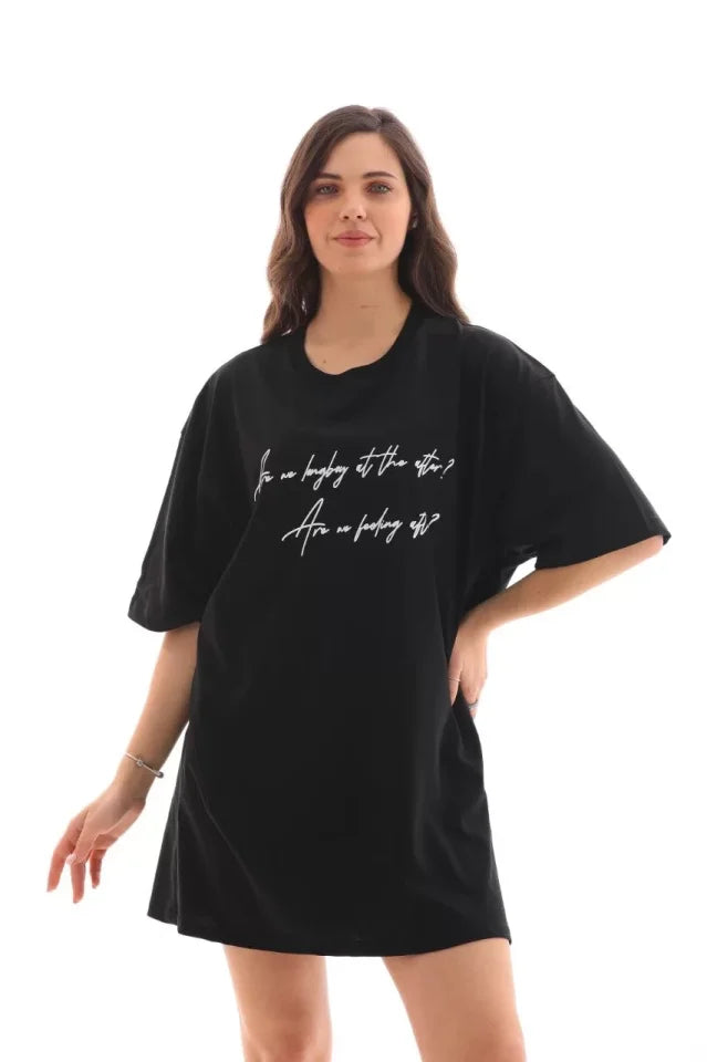 Unisex Bisiklet Yaka Baskılı Oversize T-Shirt - Siyah