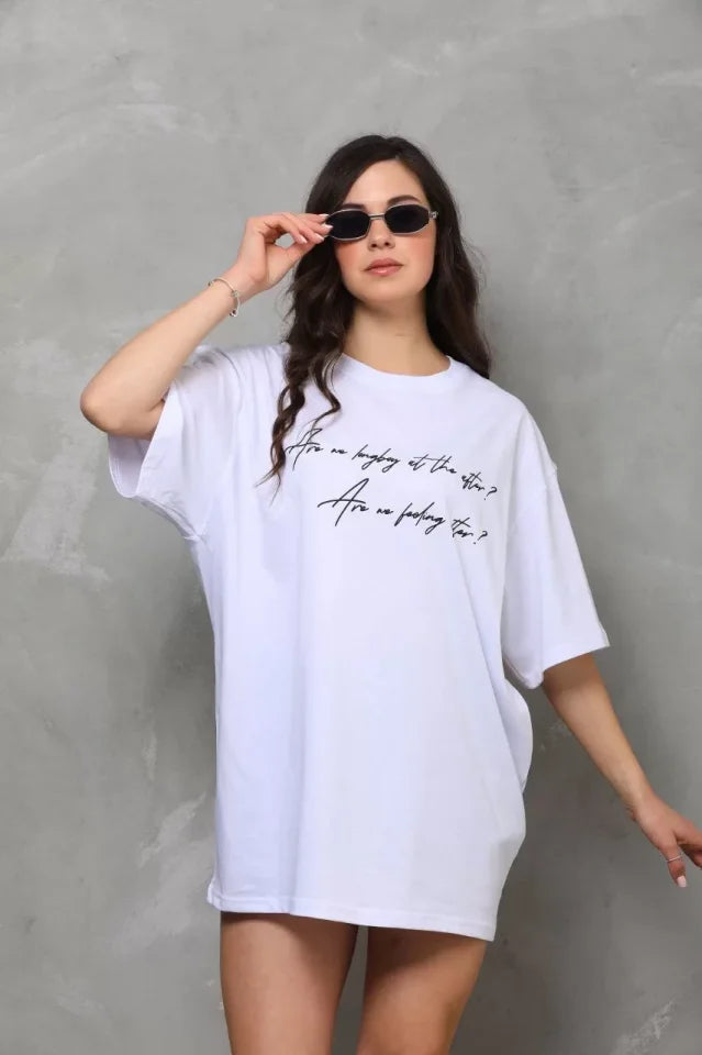 Unisex Bisiklet Yaka Baskılı Oversize T-Shirt - Beyaz