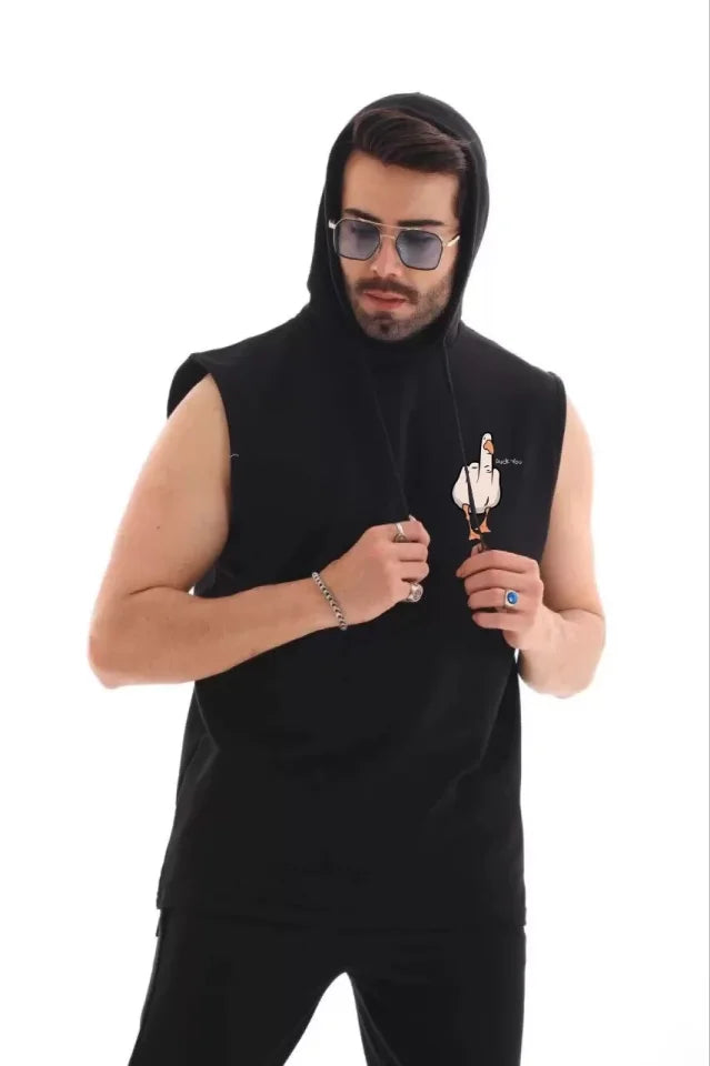 Unisex Kapşonlu Kolsuz Oversize Baskılı Tişört - Siyah