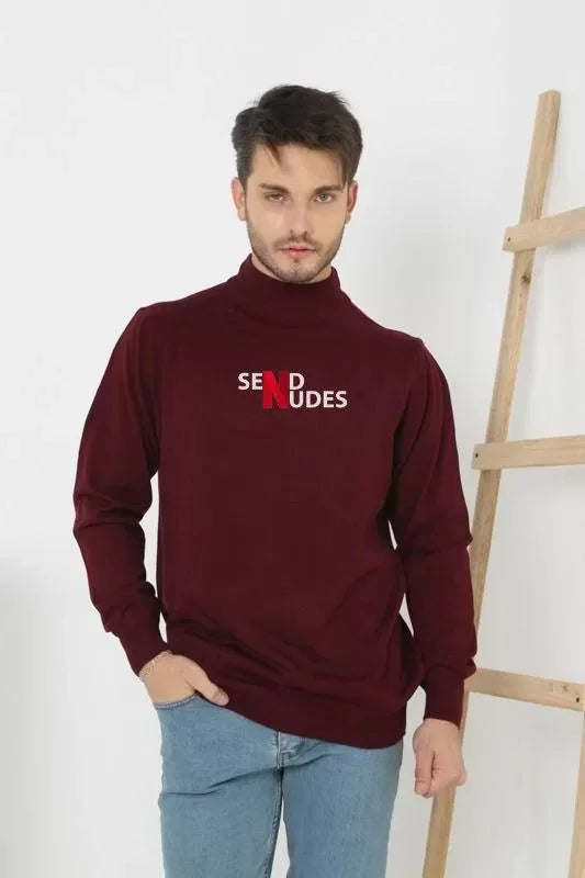 Unisex Yarım Boğazlı Baskılı Dokuma Triko - Bordo