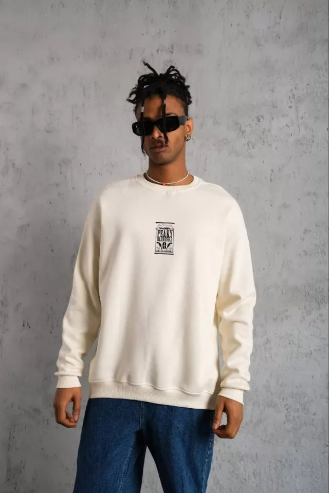 Unisex Bisiklet Yaka Baskılı Oversize Sweatshirt - Beyaz