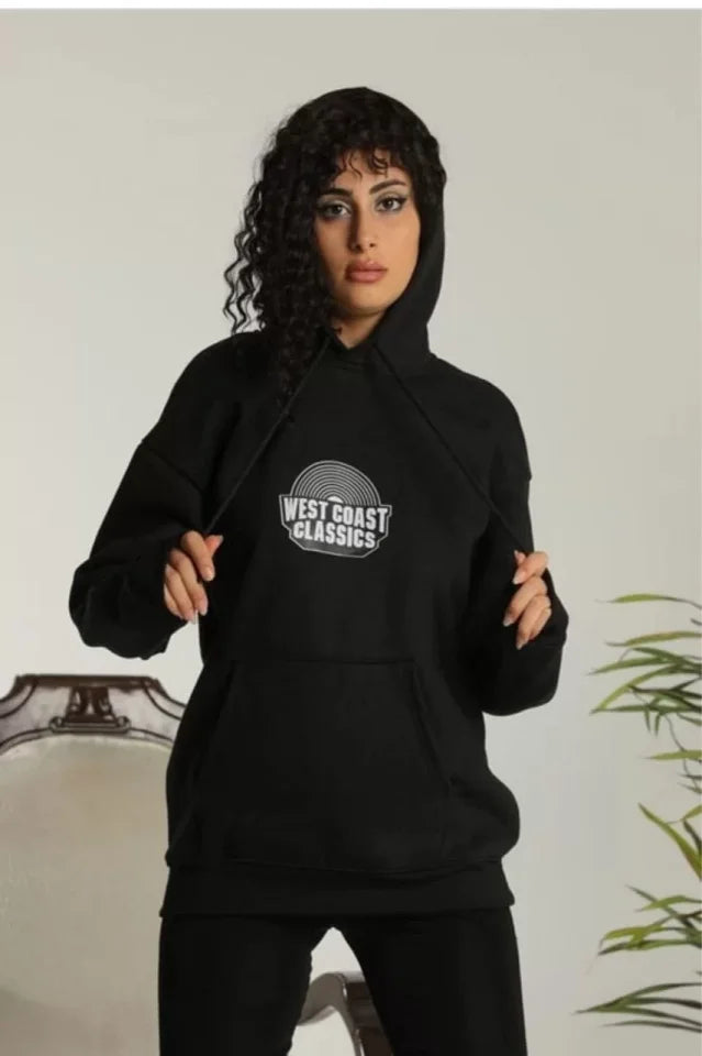 Unisex Sırt Baskılı Kapüşonlu Üç İplik Oversize Sweatshirt - Siyah