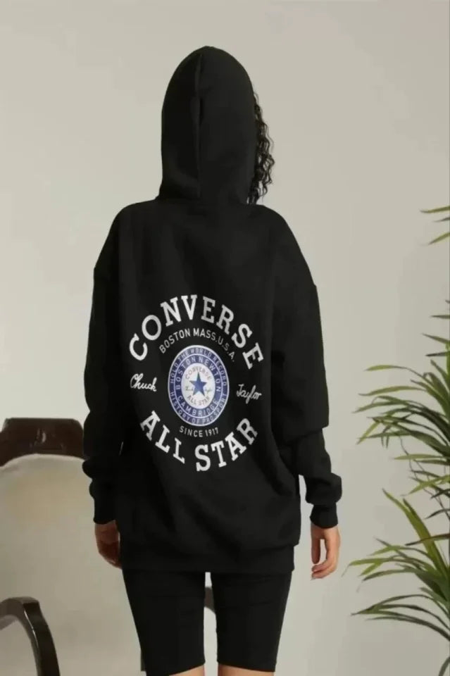 Unisex Kapüşonlu Üç İplik Oversize Baskılı Sweatshirt - Siyah