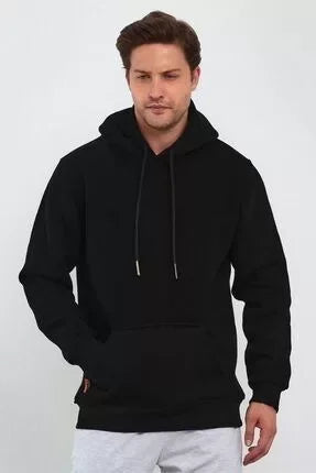 Erkek Uzun Kol Kapşonlu Basic Sweatshirt Hoodie - Siyah