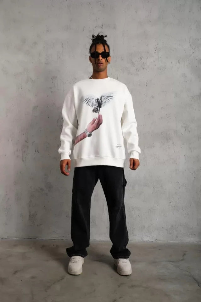 Erkek Güvercin Baskılı Sweatshirt - Beyaz