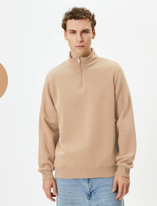 Unisex Uzun Kol Yarım Farmuarlı Yakalı Basic SweatShirt - Bej