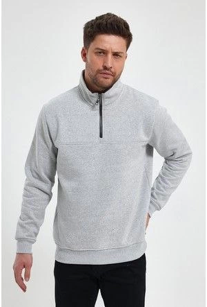 Oversize Yarım Farmuarlı Yakalı Basic SweatShirt - Gri