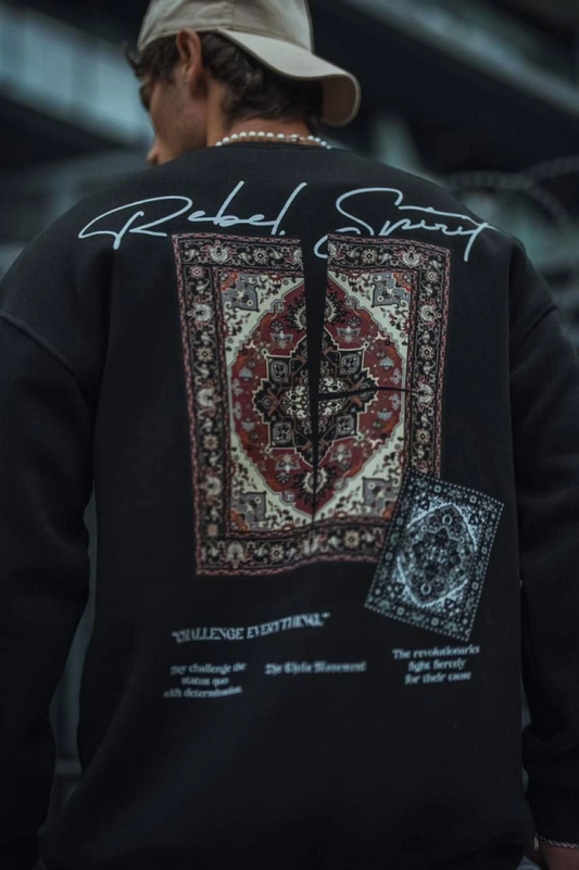 Uzun Kol Bisiklet Yaka Baskılı SweatShirt - Siyah