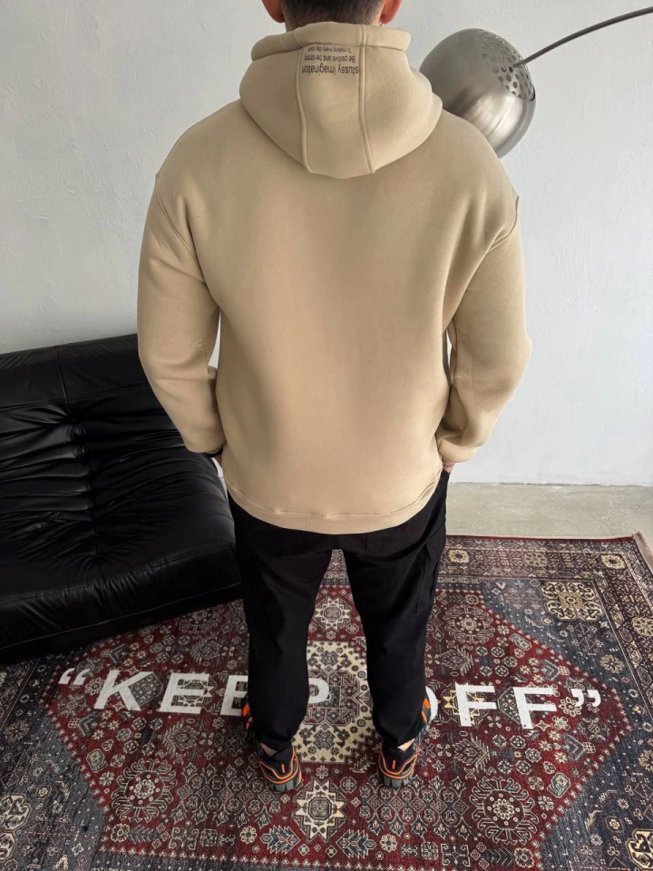 Üç İplik Kapşonlu Baskılı SweatShirt - Bej