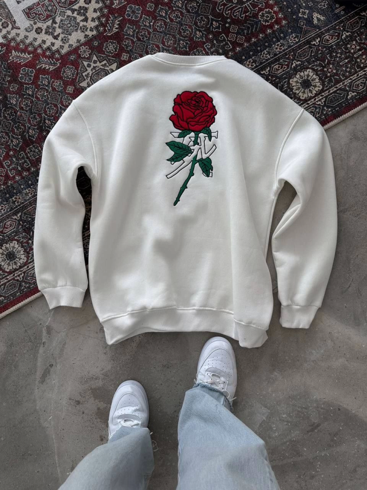 Unisex Bisiklet Yaka Ön Ve Arka Baskılı SweatShirt - Beyaz