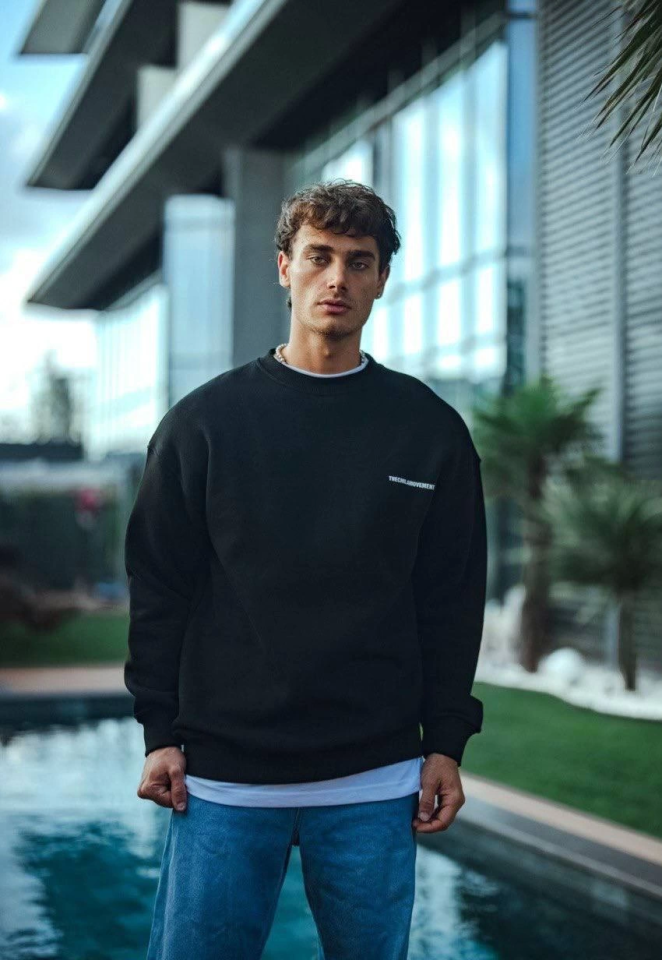 Kışlık Bisiklet Yaka Oversize Baskılı SweatShirt - Siyah