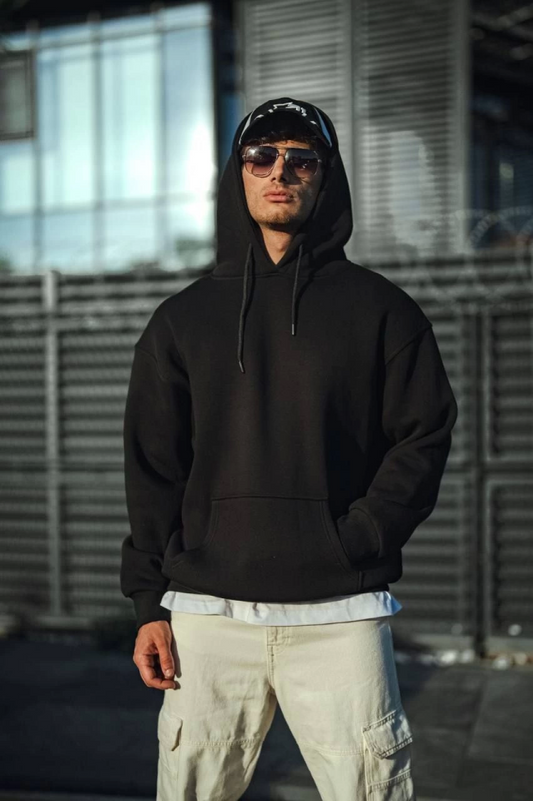 Üç İplik Penye Kapşonlu Basic SweatShirt - Siyah