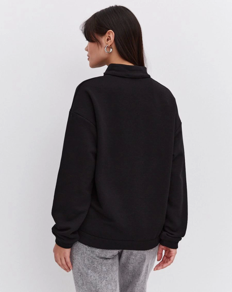 Oversize Yarım Farmuarlı Yakalı Basic SweatShirt - Siyah