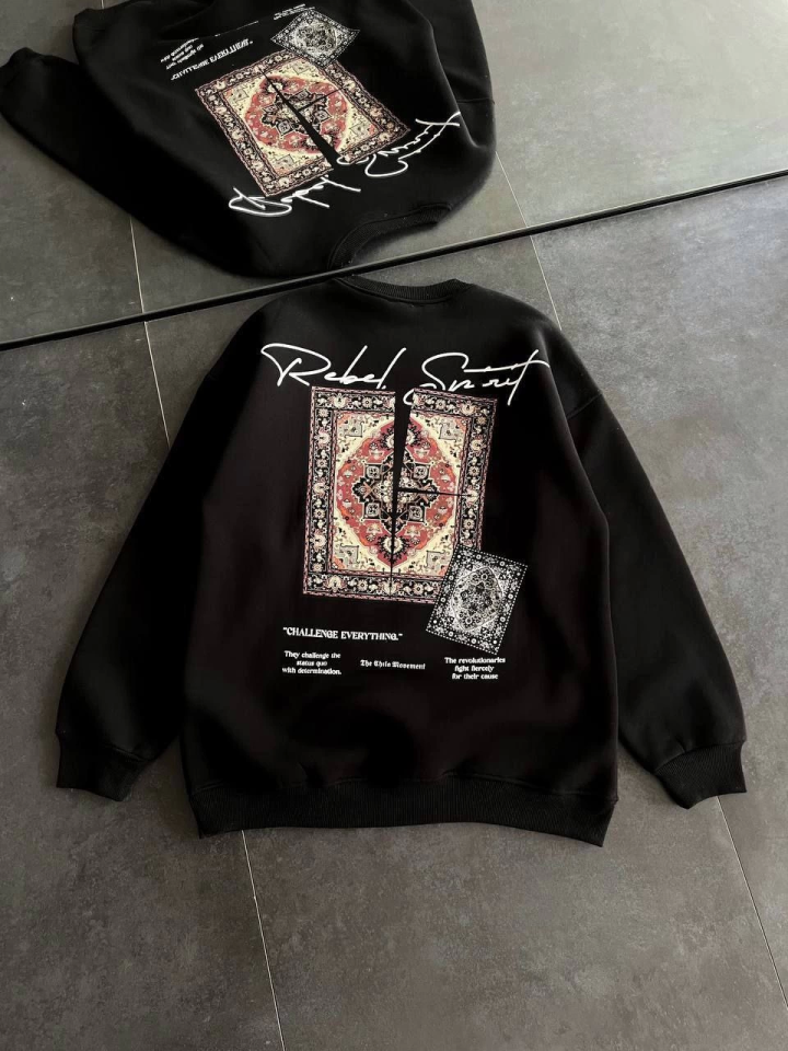 Bisiklet Yaka Baskılı SweatShirt - Siyah