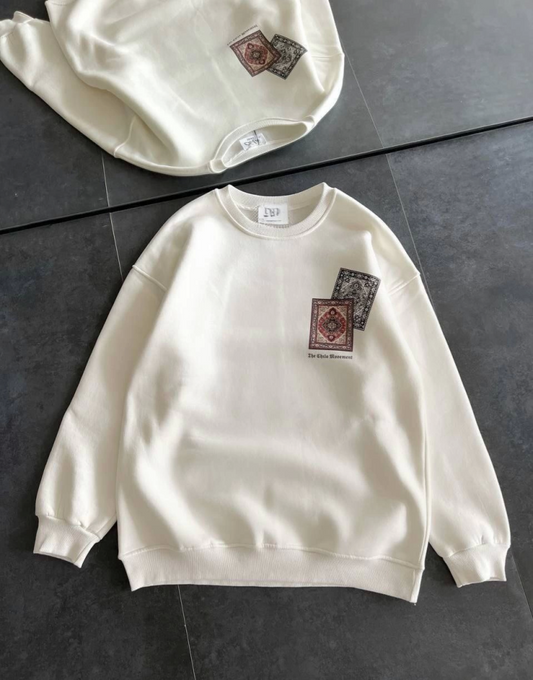 Bisiklet Yaka Baskılı SweatShirt - Beyaz