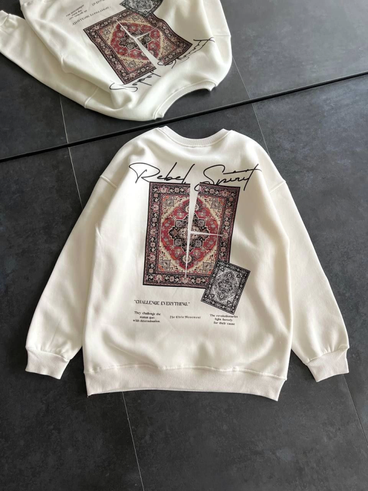 Bisiklet Yaka Baskılı SweatShirt - Beyaz