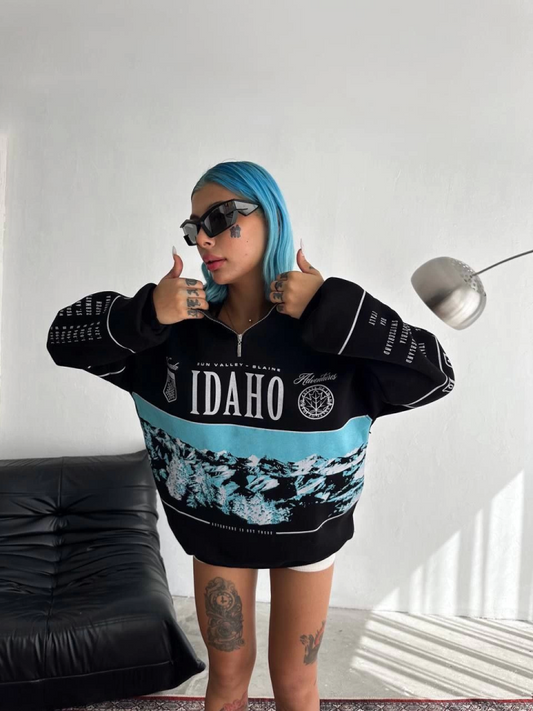 Yarım Fermuarlı Oversize Baskılı SweatShirt - Siyah