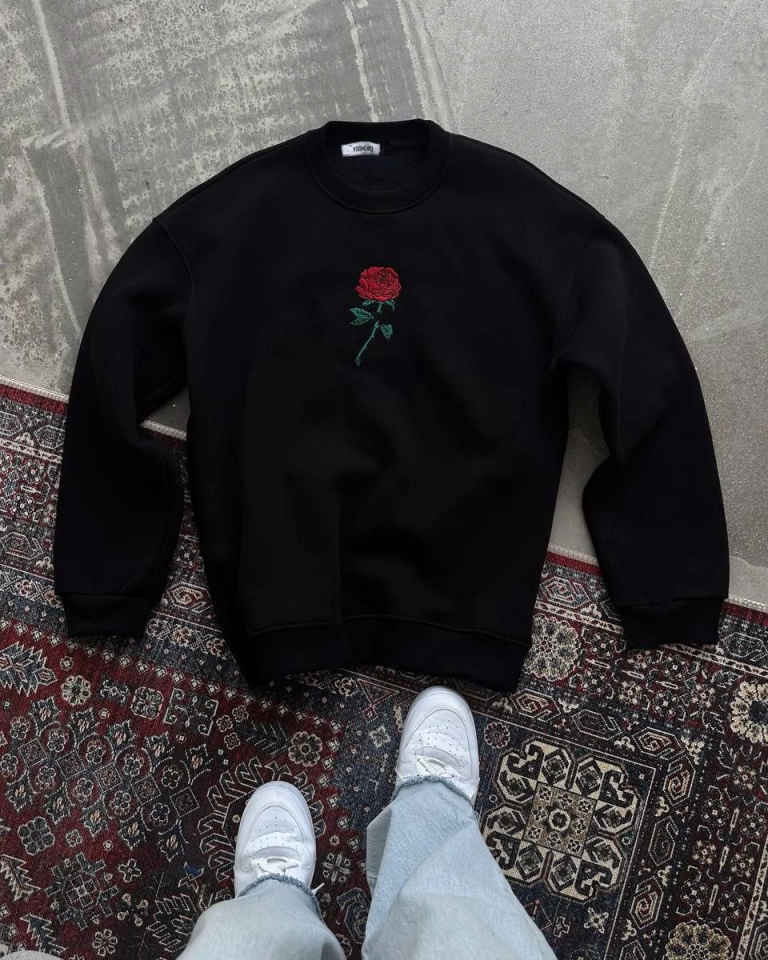 Oversize Üç İplik Bisiklet Yaka Baskılı SweatShirt - Siyah