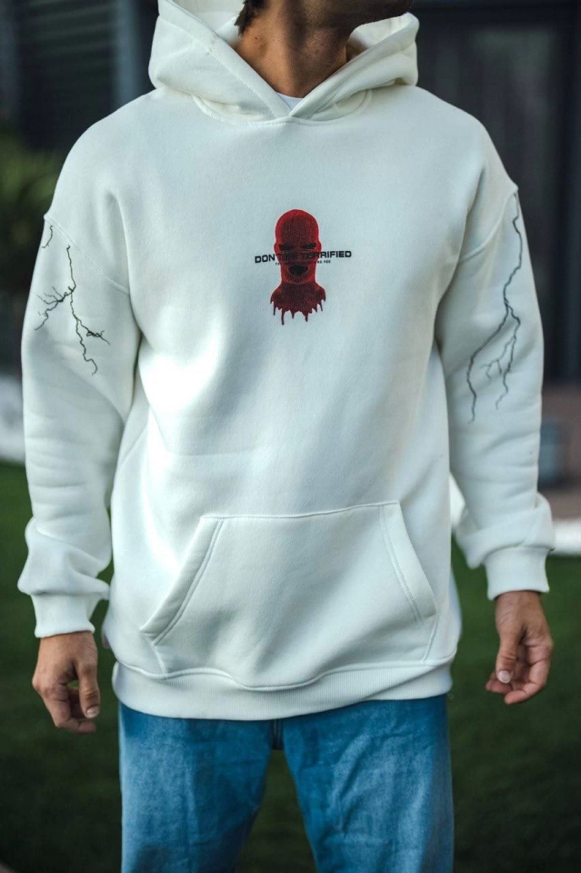 Üç İplik Kapşonlu Baskılı Oversize SweatShirt- Beyaz