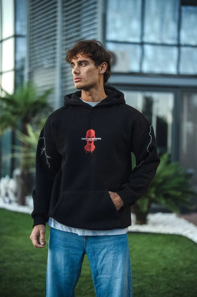 Üç İplik Kapşonlu Baskılı Oversize SweatShirt- Siyah