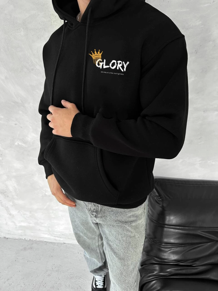 Kışlık Üç İplik Kapşonlu SweatShirt - Siyah