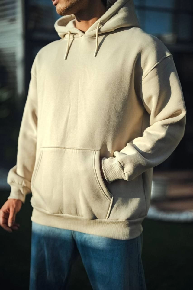 Üç İplik Penye Kapşonlu Basic SweatShirt - Bej