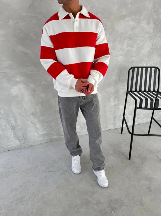 Unisex Üç İplik Parçalı Yakalı SweatShirt - Kırmızı