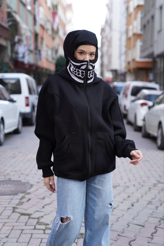 Samuray Kapşonlu ZIP Fermuarlı Çift Kapşonlu Nakışlı SweatShirt- Siyah