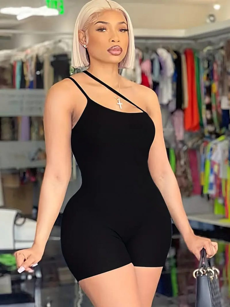 Kadın Asimetrik Askılı Mini Kaşkorse Bodycon Tulum